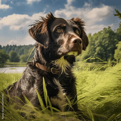 Schwarzer Hund sitzt in der Wiese am See, heller Tag