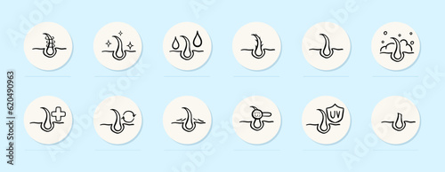 Hair care line icon. Moisturizing, renewal, split ends, weak brittle hair, protection. Pastel color background. Vector line icon