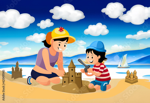Funny childrend with sand castle on the beach, AI generative. photo