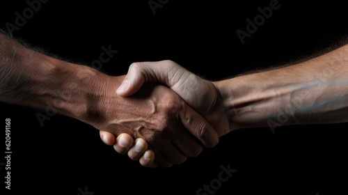 Handshake between the two partners isolated on black background