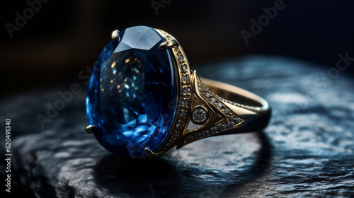 A blue sapphire is displayed on a white surface high res Neelam stone, Beautiful ring, Generative Ai