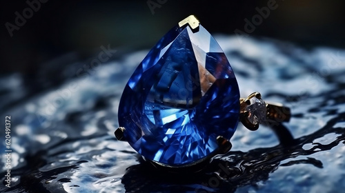 A blue sapphire is displayed on a white surface high res Neelam stone  Beautiful ring  Generative Ai
