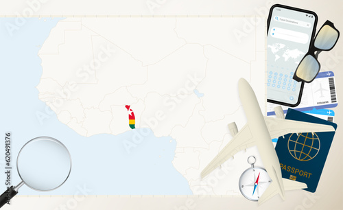 Togo map and flag, cargo plane on the detailed map of Togo with flag.