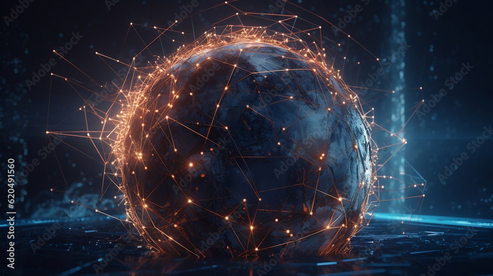 A cybersecurity concept featuring a globe in the center surrounded by