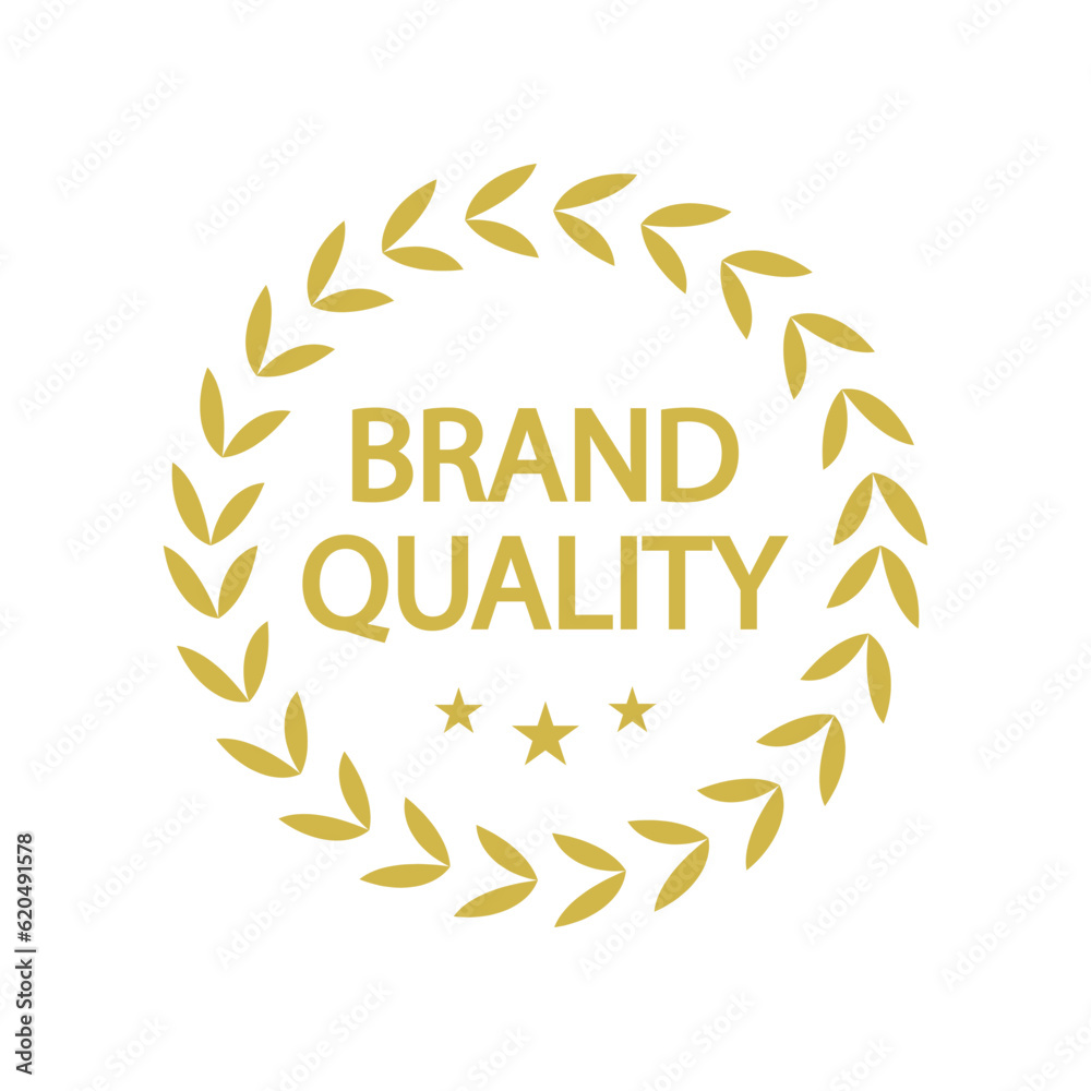 Golden wreath of leaves stamp vector design. Business success award. Isolated outline illustration. Guarantee badge. Approved seal with text. Decorative sticker on white background