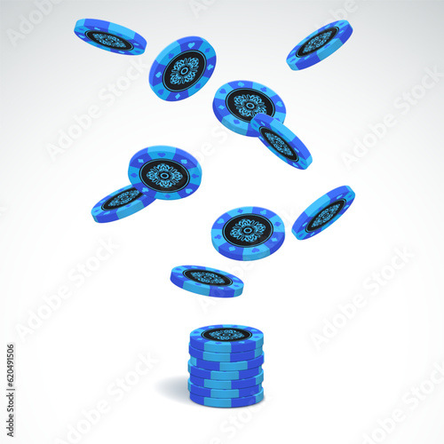Falling blue poker chips on white background. Vector illustration.