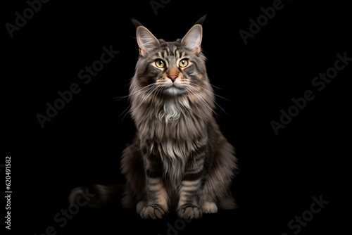 Adult striped Maine Coon cat isolated on black background. © Svetlana Rey