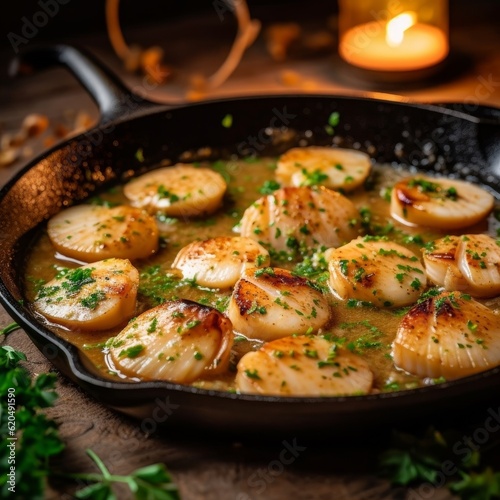 Coquilles Saint-Jacques served in a rustic skillet with a buttery sauce, surrounded by chopped parsley