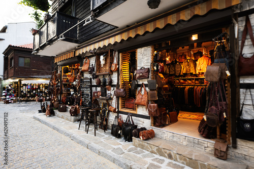 Souvenir leather bags shop in the old town of Nessebar.