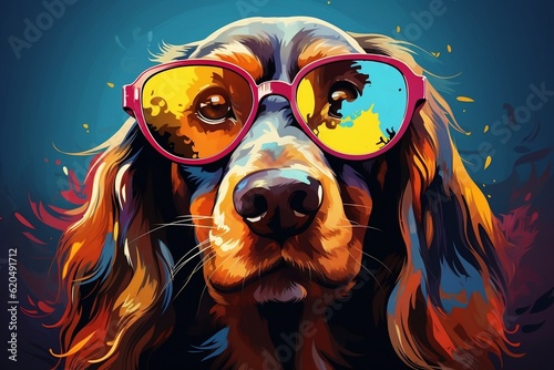 A painting of a dog wearing glasses. AI