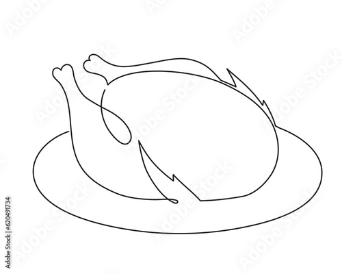 Turkey one line art, fried poultry meat continuous contour drawing,hand-drawn Thanksgiving Day traditional food,hot dish outline festive design decoration.Editable stroke.Isolated.Vector illustration