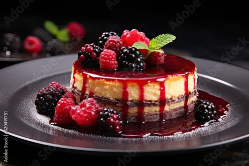 Homemade tasty cheesecake with jelly and raspberry berries on a black plate