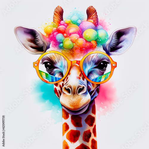 watercolor cute giraffe with glasses, ai generated