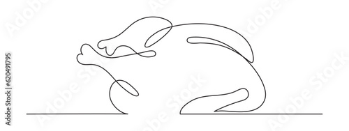 Turkey one line art, fried poultry meat continuous contour drawing,hand-drawn Thanksgiving Day traditional food,hot dish outline festive design decoration.Editable stroke.Isolated.Vector illustration