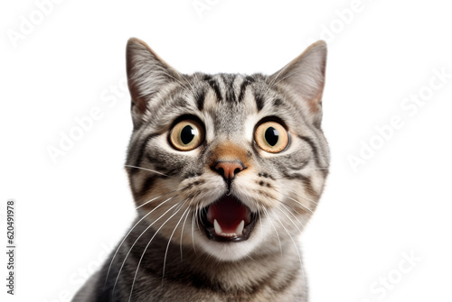 Crazy surprised cat isolated close up on transparent background.