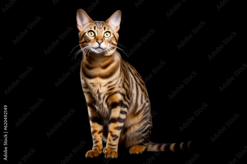 Full length adult bengal cat isolated on black background