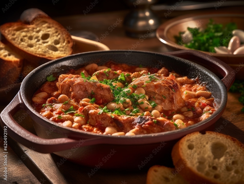 Cassoulet with a garnished side of fresh parsley and crusty bread on a wooden table
