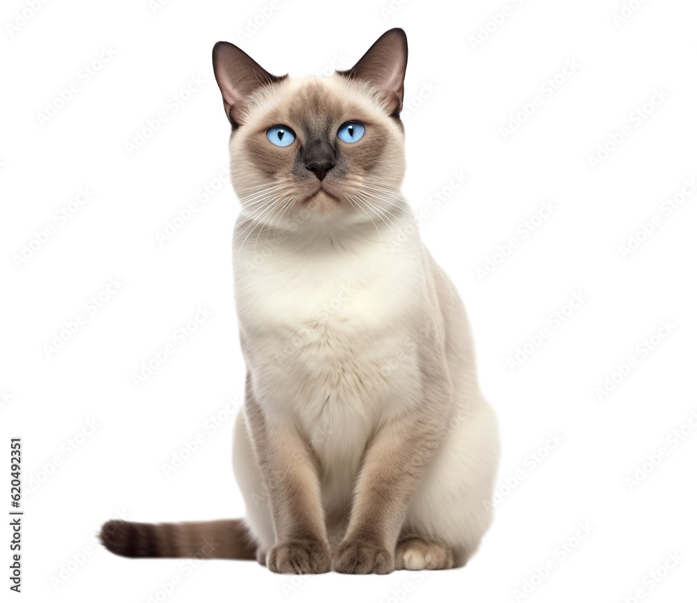 Siamese cat with bright blue eyes on a transparent background.