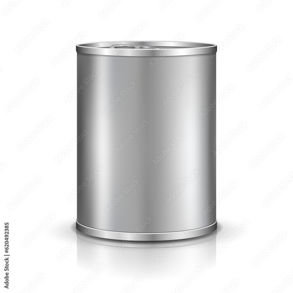 Tin can. Canned metal packaging. Metal container for food products. Vector template for your design.