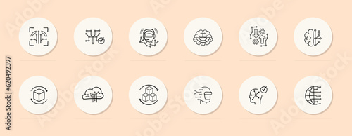 Artificial intelligence line icon. Brain, gear, planet, digitalization, new technologies, gadget. Pastel color background. Vector line icon for business