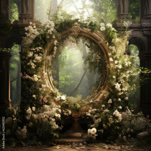 Wedding arch with white flowers in the forest. AI generative.