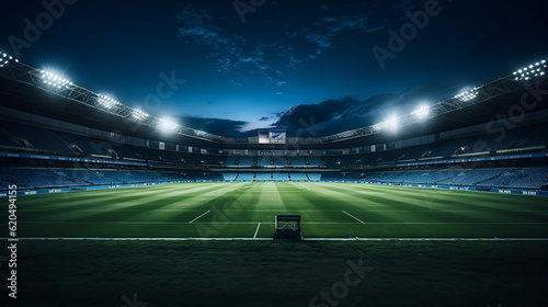 Football stadium with spotlights and empty green grass playground, football stadium sport Generative AI