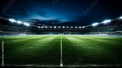 Football stadium with spotlights and empty green grass playground, football stadium sport Generative AI