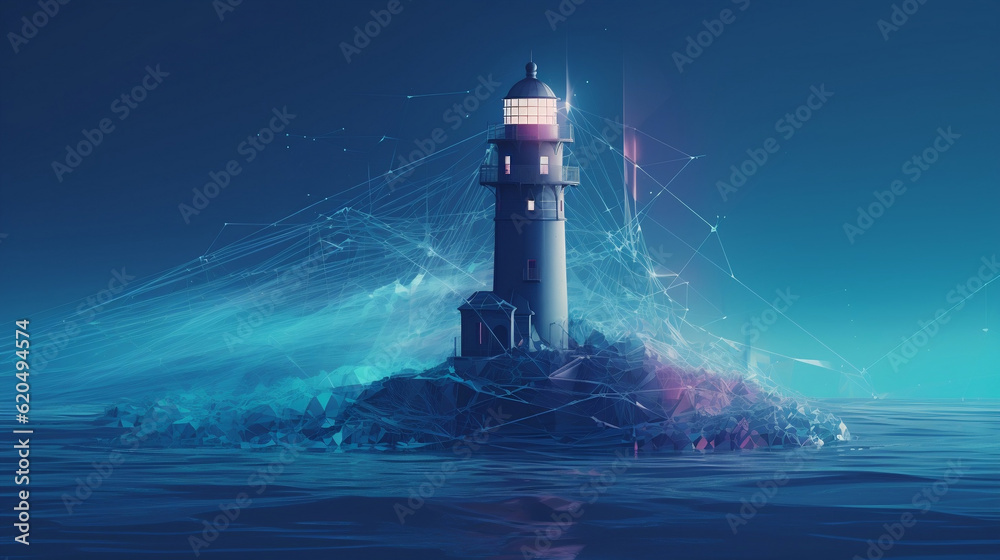 Towering lighthouse in a futuristic, digital world. Evolving technology and the potential for progress. A guide, inspiring innovation and leadership towards a brighter future, Generative Ai
