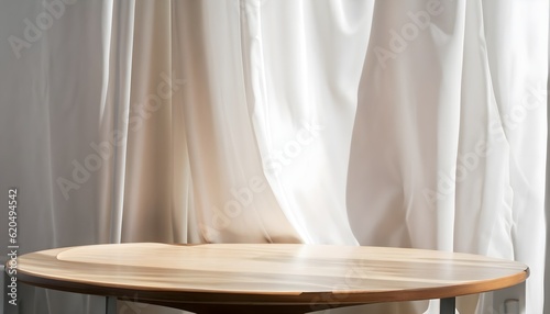 white table,Luxury cosmetic, skincare, beauty treatment, fashion product, empty modern round wooden podium,love, side table in soft white blowing drapery curtain © Bilawl