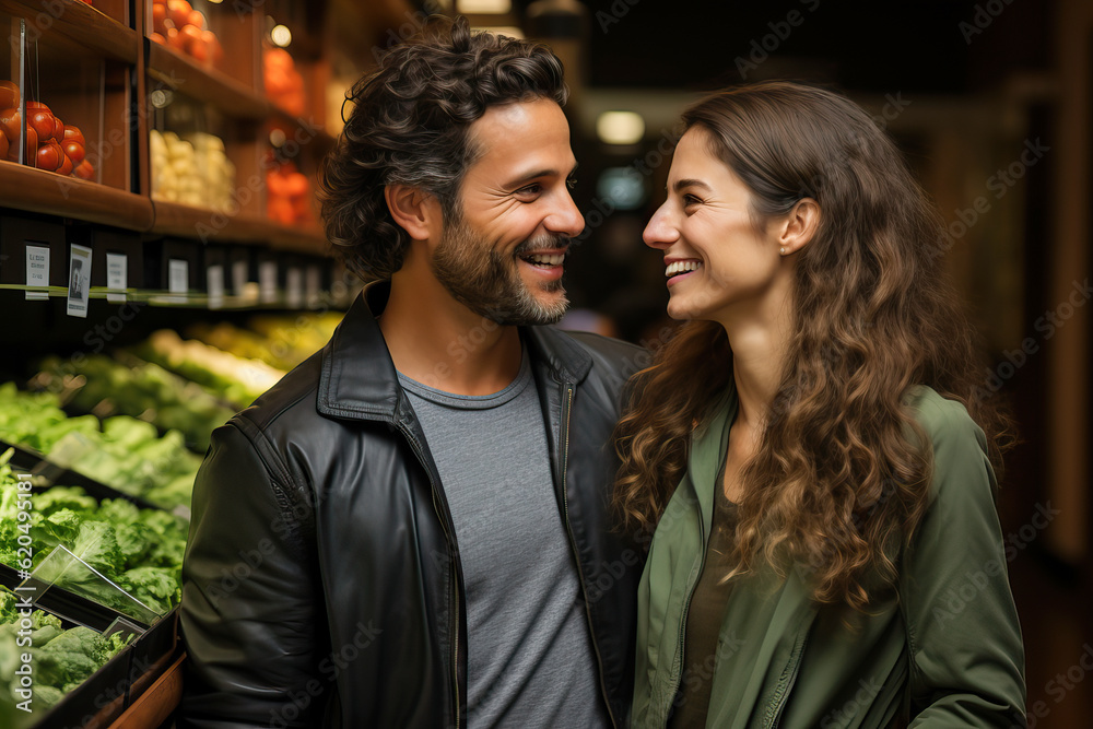 Illustration of a man and a woman selecting fresh vegetables in a grocery store produce section created with Generative AI technology Illustration of a man and a woman selecting fresh vegetables in a grocery store produce section created with Generative AI technology