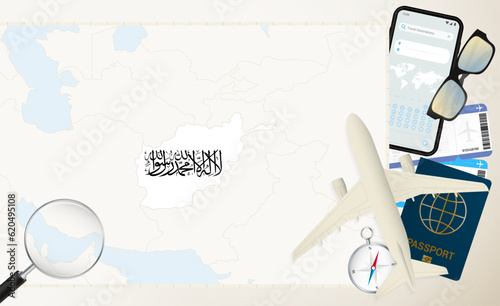Afghanistan map and flag, cargo plane on the detailed map of Afghanistan with flag.
