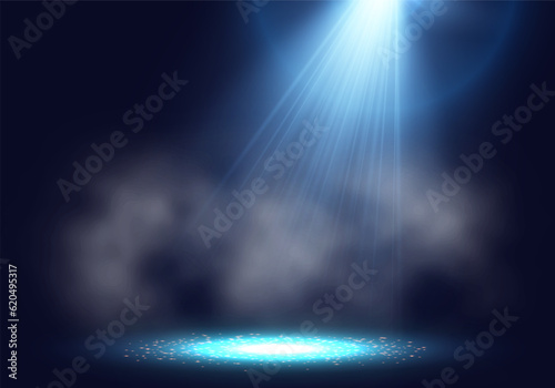 Spotlights. Scene for presentation illuminated by spotlights with smoke. Vector illustration.