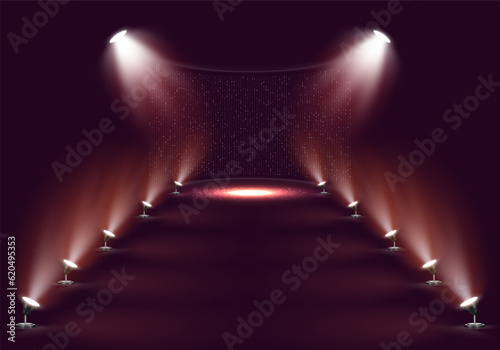 Spotlights. Scene for presentation illuminated by spotlights. Vector illustration.