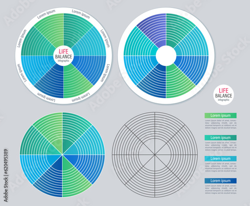 Wheel of life infographic chart design element set. Abstract vector symbols for infochart with blank copy spaces. Instructional graphics kit. Acumin, Myriad Variable Concept fonts used