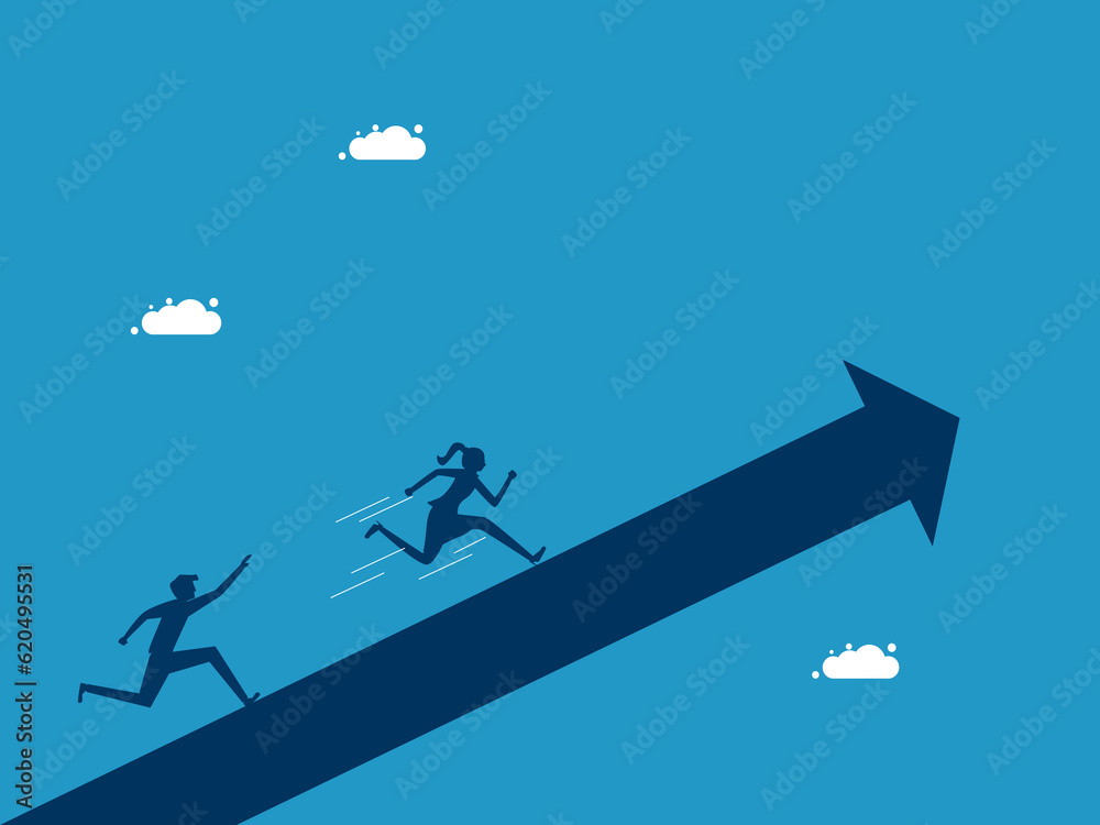 superior to competitors. Businesswoman running race on growth arrow vector