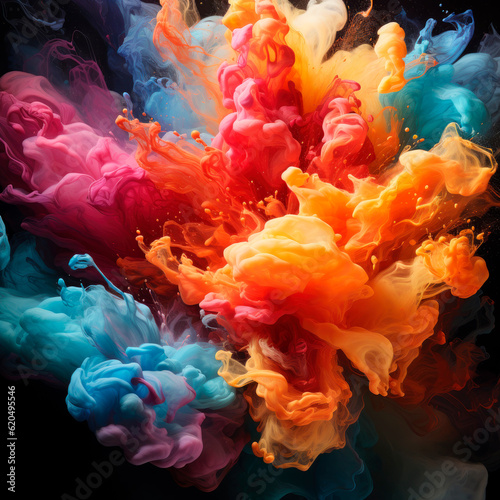 Abstract explosion of colors in paint splashes, isolated on black. Mixed liquid vivid flow, curved dynamic fluid for creative background - Generative AI