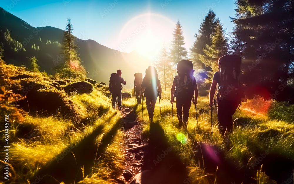 Selective focus.Group of person hiking or trekking and forest bathing concepts.nature therapy.healthy with outdoor summer activity.ai generated images