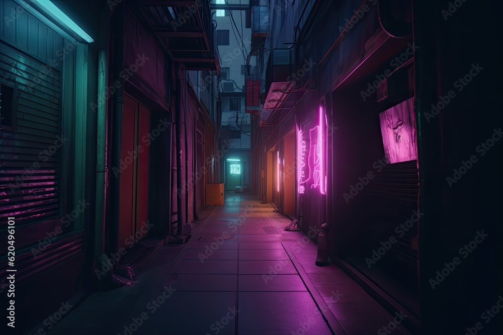 Futuristic Cyberpunk alleyway, with a dark and moody atmosphere, and glowing neon lights casting shadows on the walls Generative AI