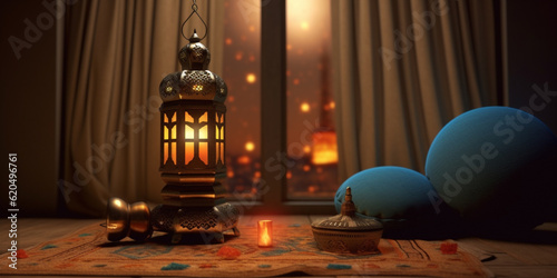 Ramadan festival lantern and props on the floor background. Culture and religion concept. Digital art illustration