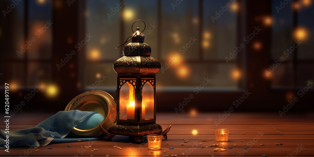 Ramadan festival lantern and props on the floor background. Culture and religion concept. Digital art illustration Ramadan festival lantern and props on the floor background. Culture and religion concept. Digital art illustration
