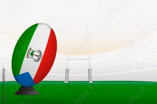 Equatorial Guinea national team rugby ball on rugby stadium and goal posts, preparing for a penalty or free kick.