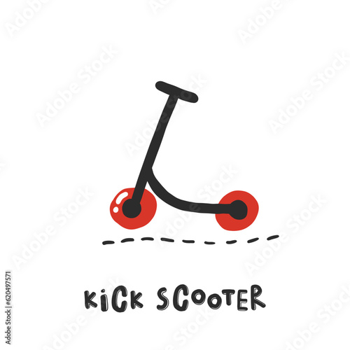 Kick scooter. Hand drawn illustration in cartoon style. Transport toys. Cute concept for children's print. Illustration for the design postcard, textiles, apparel