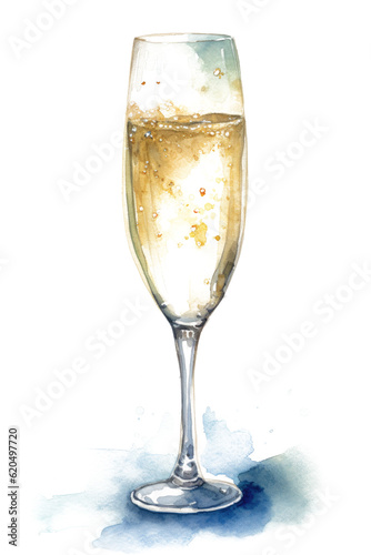 Champagne Glass Filled, Watercolor Illustration with  Splashy Colors, Transparent Background