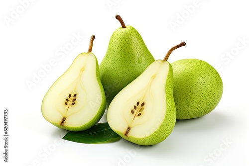 One whole green pear and a half of fruit on white background