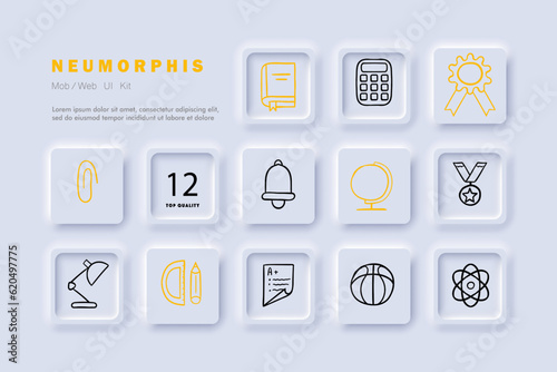 Studying at school line icon. Globe, calculator, paper clip, lamp, medal, book. Neomorphism steyle. Vector line icon for Business photo