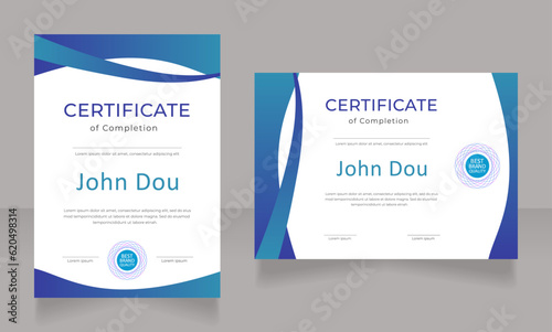 Completion of internship certificate design template set. Vector diploma with customized copyspace and borders. Printable document for awards and recognition. Montserrat, Calibri Regular fonts used