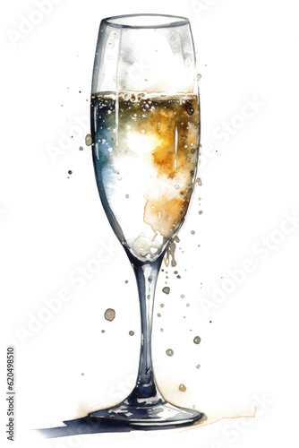 Champagne Glass Filled, Watercolor Illustration with  Splashy Colors, Transparent Background