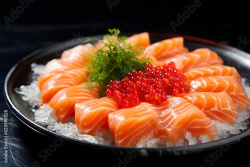close up of salmon sashimi served with red tobiko