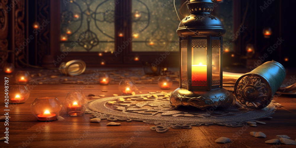 Ramadan festival lantern and props on the floor background. Culture and religion concept. Digital art illustration