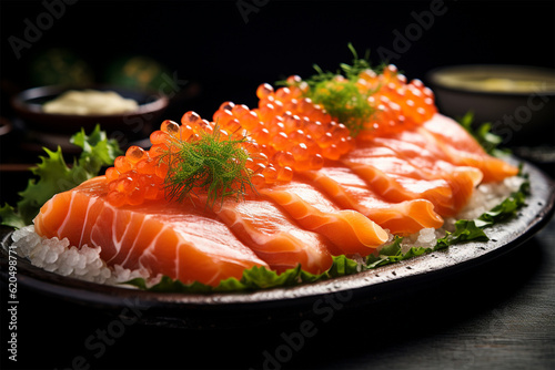 close up of salmon sashimi served with red tobiko